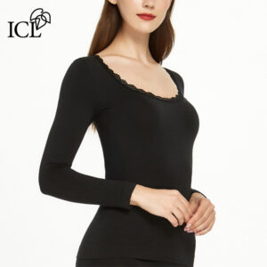 【メイン画像】レディース用シェイプアップ保温インナー。Uネックレース付きのあったか長袖肌着。