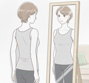 乳がん術後身体の歪みを鏡の前でチェック。あなたのパッドや下着は自分に合っていますか？