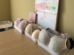 人工乳房エピテーゼや乳がん用パッド、ブラジャーのサンプルが見られる店内